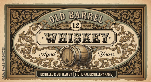 Vintage Old Barrel Whiskey Label with Aged 12 Years Design.