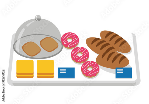 A vibrant pastry display showcases croissants, donuts, and bread with pricing. Clean, modern design, perfect for food, cafe, or business visuals.