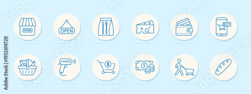 Retail shopping set icon. Minimal line badges, store facade, open sign, skirt, cheese, wallet cards, buy phone, basket, hairdryer, cart coin, cash banknote, shopper trolley, bread loaf.