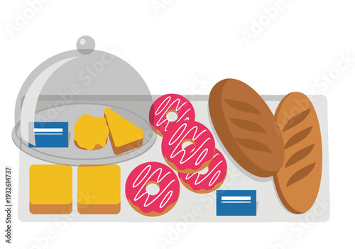 A vibrant pastry display showcases donuts, bread, and cheese. A silver cloche highlights the treats, with prices clearly marked. Appealing food photography.
