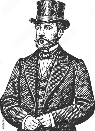 Gentleman in Top Hat and Suit Standing with Hands Clasped Engraving
