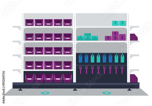 A vibrant retail shelf system displays products and supplies. Clean, organized, and visually appealing, perfect for commercial use and product showcases.