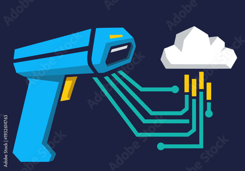A vibrant scan tech illustration merges a handheld scanner with a cloud graphic, symbolizing efficient inventory management. Modern, digital, and visually appealing for business and tech concepts.
