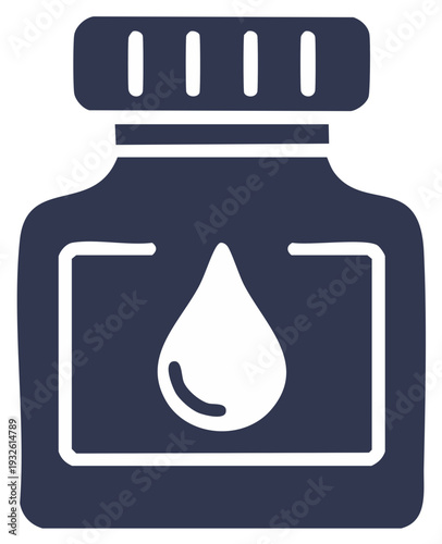 Dark Blue Ink Bottle with White Droplet Icon for Writing Art Supplies and Creative Projects
