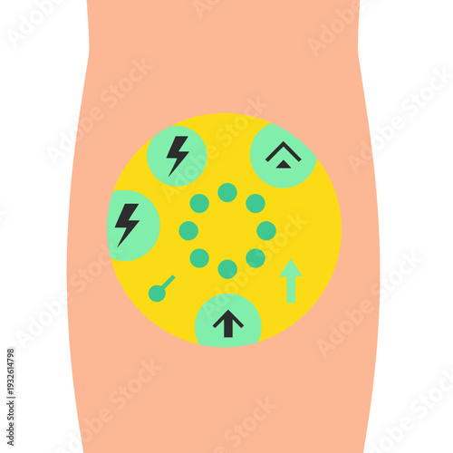 A vibrant Vitamin B12 energy patch is applied to a forearm, radiating energy upwards. Clean, modern illustration with bright colors and a focus on wellness.