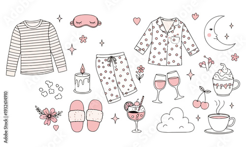 Cozy Pajama Party and Self Care Icon Set in Pastel Outline Style