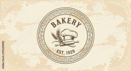 Vintage bakery logo featuring wheat, chef hat, and decorative circular design.