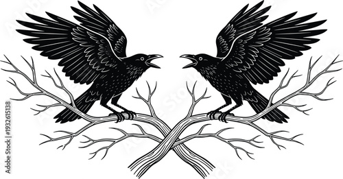 Two Black Ravens Perched on Bare Branches Facing Each Other in Symmetrical Hand Drawn Woodcut Engraving Style Isolated on White Background for Gothic Design