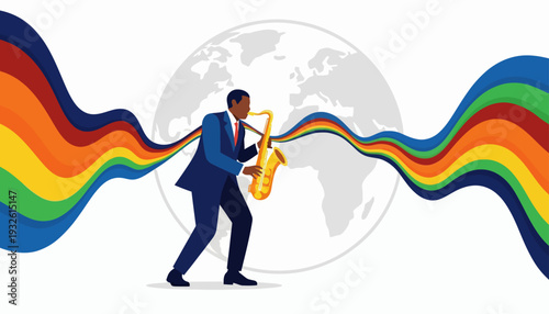 Man playing saxophone during Jazz Appreciation Month against a globe with vibrant rainbow waves