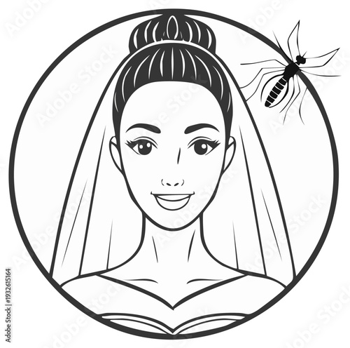 Woman's Portrait with Veil and Mosquito Illustration in Black and White Circle