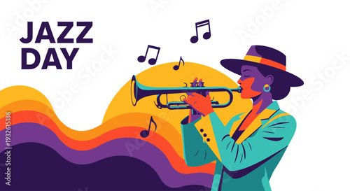 Celebrating Jazz Appreciation Month with a musician playing trumpet in a vibrant scene