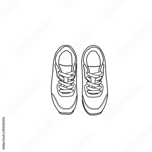 Overhead view of a pair of laced sneakers, showcasing a simple, clean design suitable for athletic or casual wear. Vector line art. Isolated on a white background