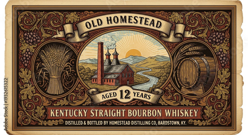 Vintage Old Homestead Kentucky Straight Bourbon Whiskey Label with Detailed Design.