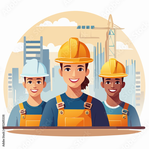 Diverse construction workers in hard hats and overalls standing together.