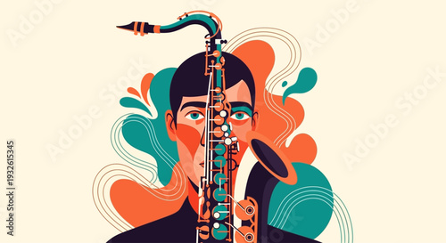 Celebrating Jazz Appreciation Month with a musician playing saxophone in a vibrant, abstract illustration