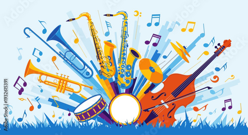 Celebrating Jazz Appreciation Month with vibrant musical instruments and notes in harmony