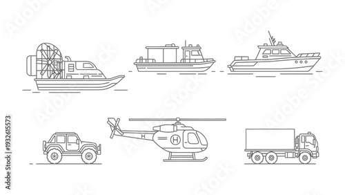 Vehicular Variety: A collection of various modes of transportation, illustrating a diverse array of vehicles including a hovercraft, boat, car, helicopter, and truck.