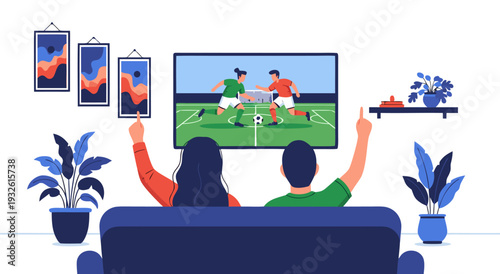 Vector illustration of a couple watching a soccer game on TV from their couch at home, enjoying sports entertainment