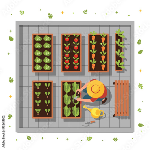 Top-Down Flat Vector Illustration of an Urban Rooftop Garden