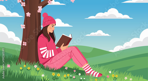 Cozy vector illustration of a young woman in pink winter clothes reading a book under a blooming tree in a serene spring landscape with soft clouds, peaceful outdoor activity