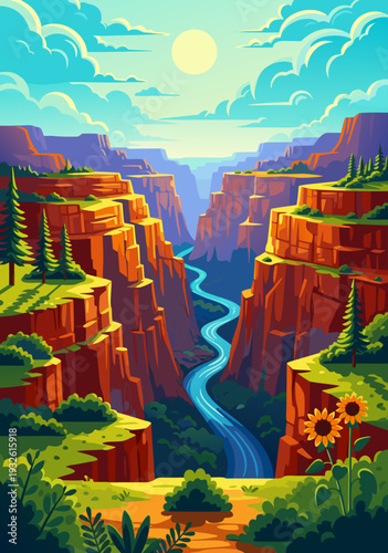 Vibrant Vector Illustration of a Scenic Canyon Landscape with a Winding River Under a Sunny Sky