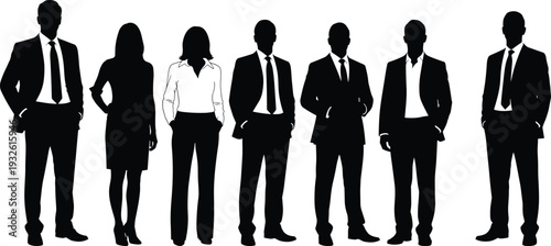 Professional business team silhouettes standing in a row including a female leader in a white shirt representing diversity leadership corporate success and group collaboration