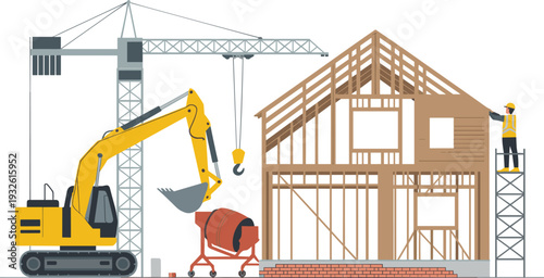 Professional Construction Site Illustration Featuring Yellow Excavator Tower Crane and Cement Mixer Building a Wooden Frame House with Worker on Scaffolding Isolated on White