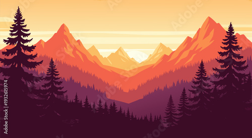 Serene Mountain Landscape Vector Illustration at Sunset with Pine Trees and Dramatic Sky