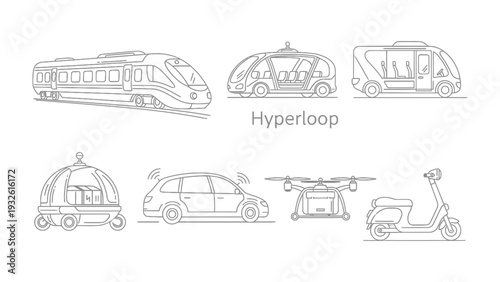 Innovating Transport: An illustrated display of the future of transport, encompassing various advanced concepts for seamless mobility and connectivity.