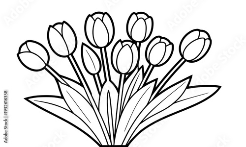 Beautiful tulip flower bouquet outline illustration with elegant blooms and leaves, a simple black and white line art drawing perfect for coloring pages and floral design