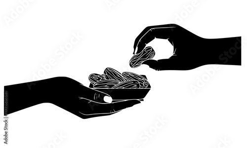 Hand giving and receiving coins silhouette illustration, depicting financial transaction, donation, charity, payment, or money transfer concept in a simple and elegant black design