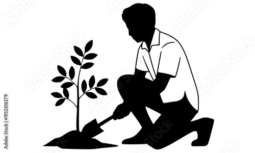 Man planting a tree sapling with a shovel silhouette illustration, depicting environmental conservation, reforestation, and eco-friendly gardening concept for Earth Day and nature campaigns