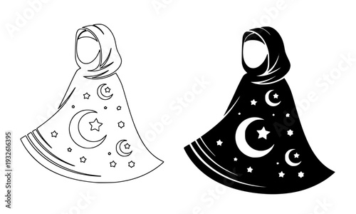 Muslim woman wearing hijab and decorated cloak with crescent moon and star symbols in outline and silhouette style, representing Islamic culture and Ramadan spiritual celebration concept