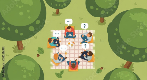 Group of diverse people and dogs having a picnic in the park.