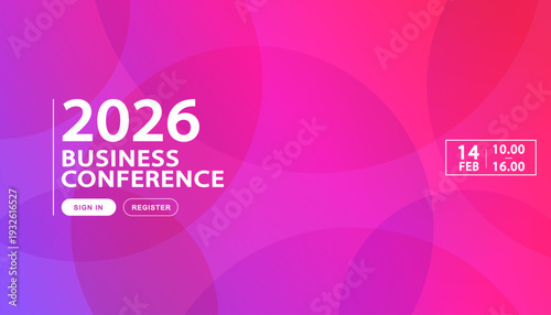 Pink and purple abstract background template for business conference featuring schedule and registration options for corporate event marketing