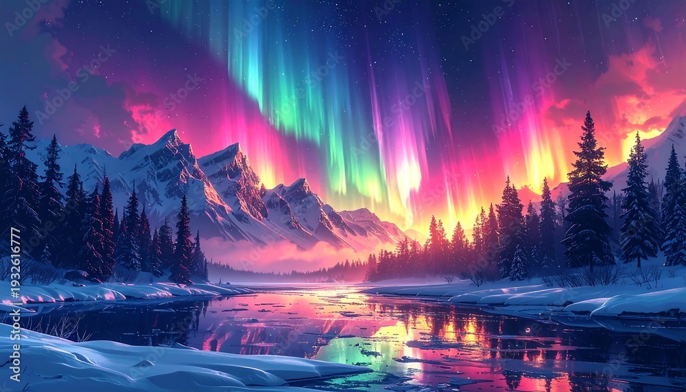 Fototapeta premium Aurora Borealis over Snowy Mountains and Lake Landscape