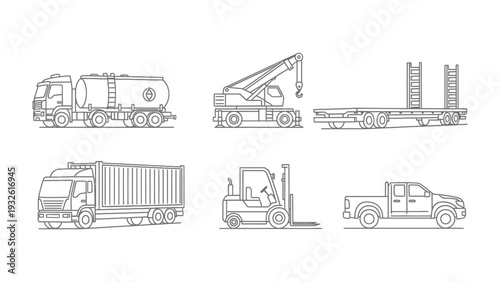 Collection of Transportation Vehicles: A monochrome array of transportation vehicles. This collection of vehicles highlights the various types that keep industries moving.