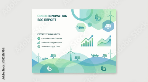 Green Innovation ESG Report cover slide with sustainability icons, growth charts, and environmental themes.