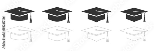 Graduation and diplomas caps collection set academic achievement symbols education icons, graduation ceremony elements, editable, isolated on white background.