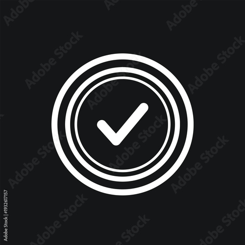 White Check Mark Inside Concentric Circles on Black Background.