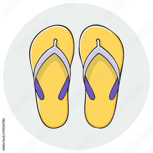 Pair of yellow flip flops with purple and grey straps vacation footwear summer shoes