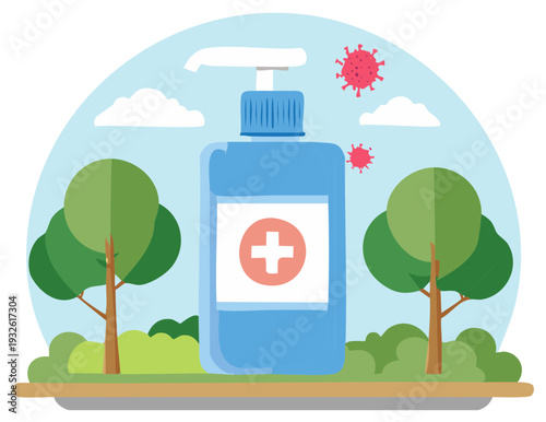 Flat illustration of a large hand sanitizer bottle with a medical cross in an outdoor park with floating virus particles.