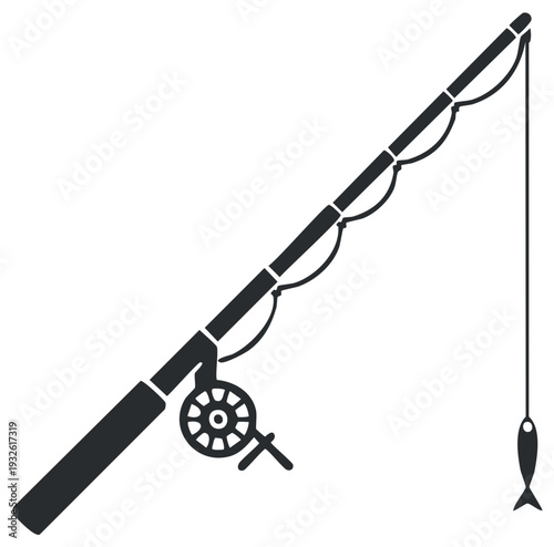 Simple Fishing Rod Icon with Caught Fish on Hook Silhouette