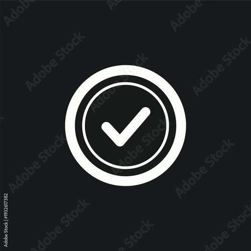 White Check Mark Inside Double Circle Icon on Black Background.