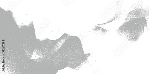 Abstract grey paint strokes and speckles on white background with textured details