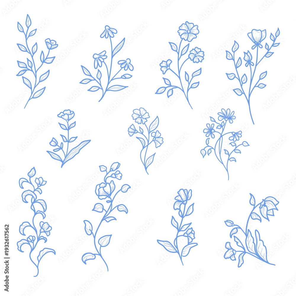 Fototapeta premium Spring flowers with petals and leaves, hand-drawn. Vector illustration. Collection of summer plants and wildflowers, isolated on a white background. Summer, meadow, garden, and Easter themes.