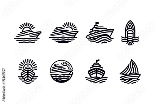 Nautical Sunrise Leisure Boats and Vacation Journey Icons