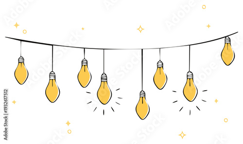 Hand-drawn light bulbs hanging from a wire, with sparks.