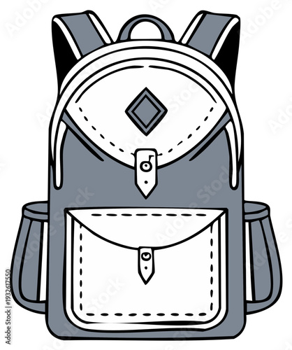 Gray and White Backpack with Pockets and Diamond Detail Front View Illustration