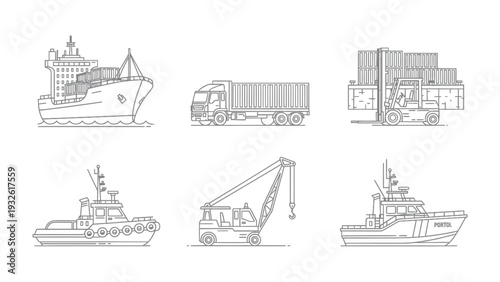 Transportation Icons: A collection of meticulously crafted line art icons showcasing various modes of transportation essential to global trade and logistics.